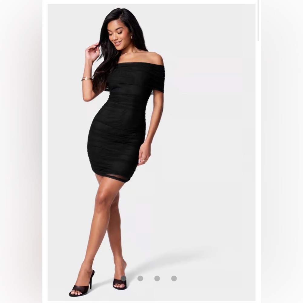 Bebe Off Shoulder Black Mesh Ruched Bodycon Mini Dress